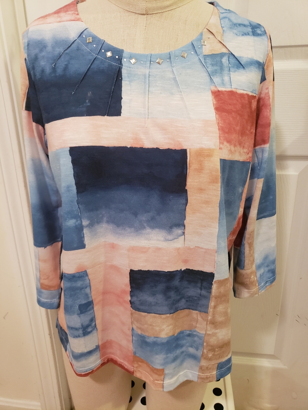 Alfred Dunner Block Watercolor Long-Sleeve Top in Blue, Pink and Tan